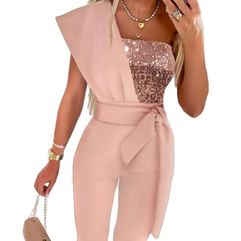 Jumpsuit damski z asymetrycznym wykończeniem i taliowanym krojem | N&W - 6