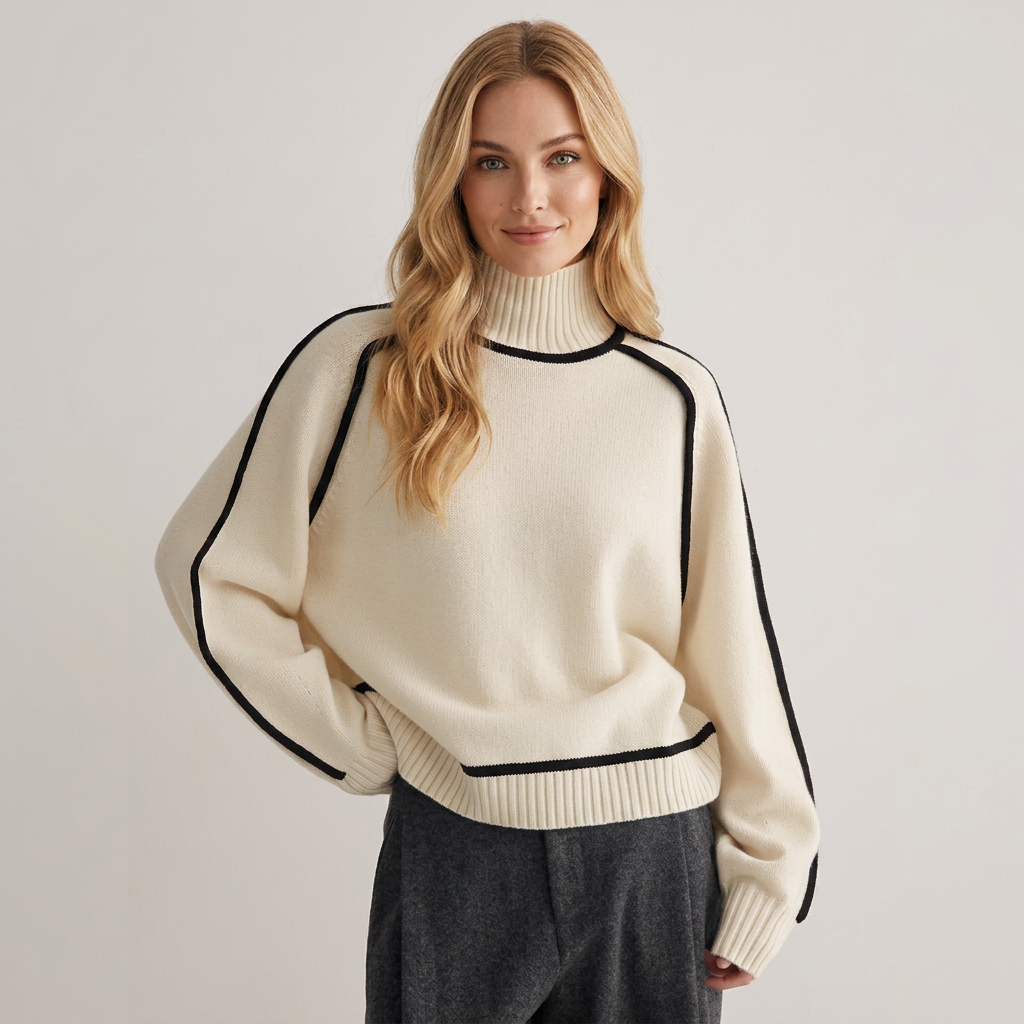 Pullover damski z golfem i kontrastowymi detalami | N&W - 1
