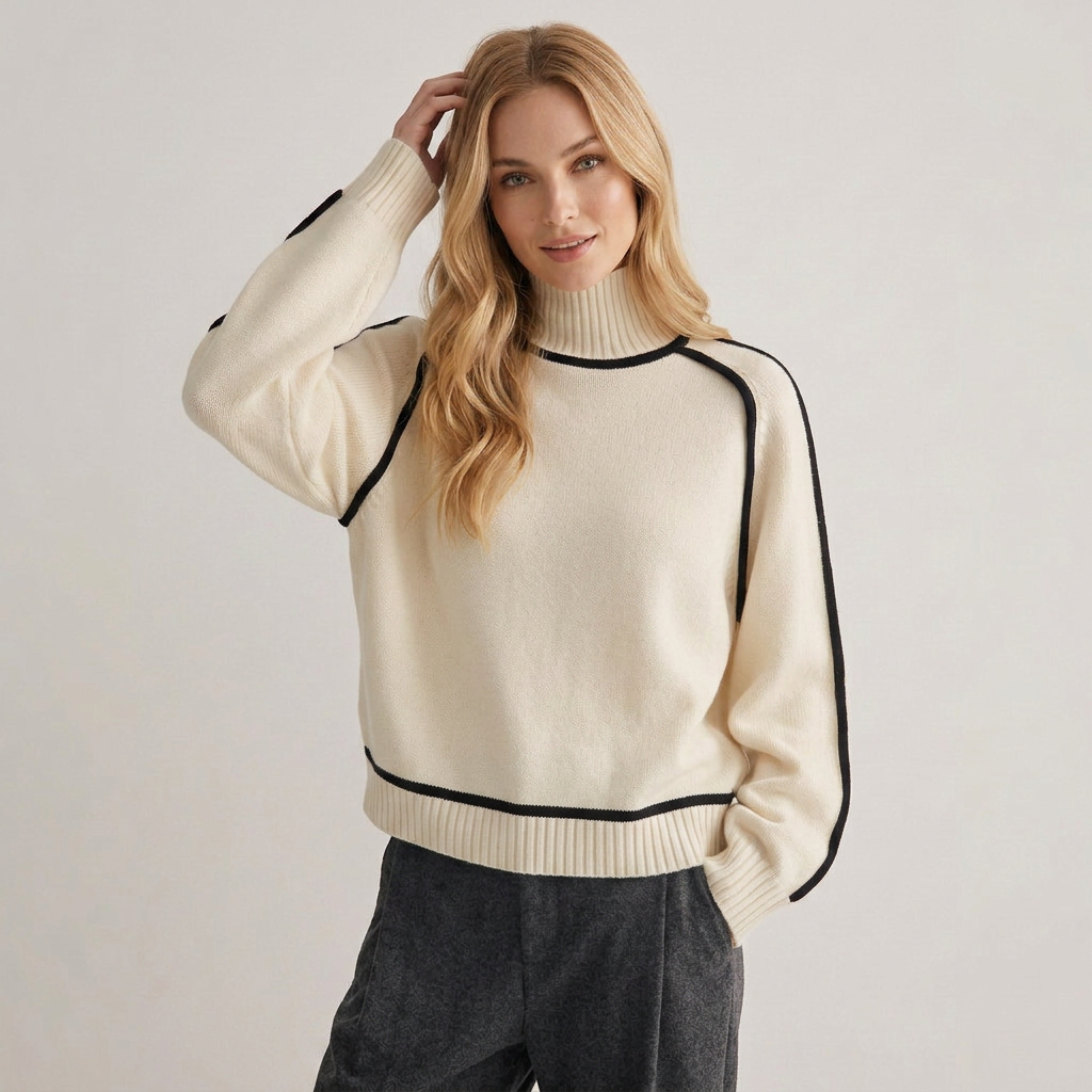 Pullover damski z golfem i kontrastowymi detalami | N&W - 2