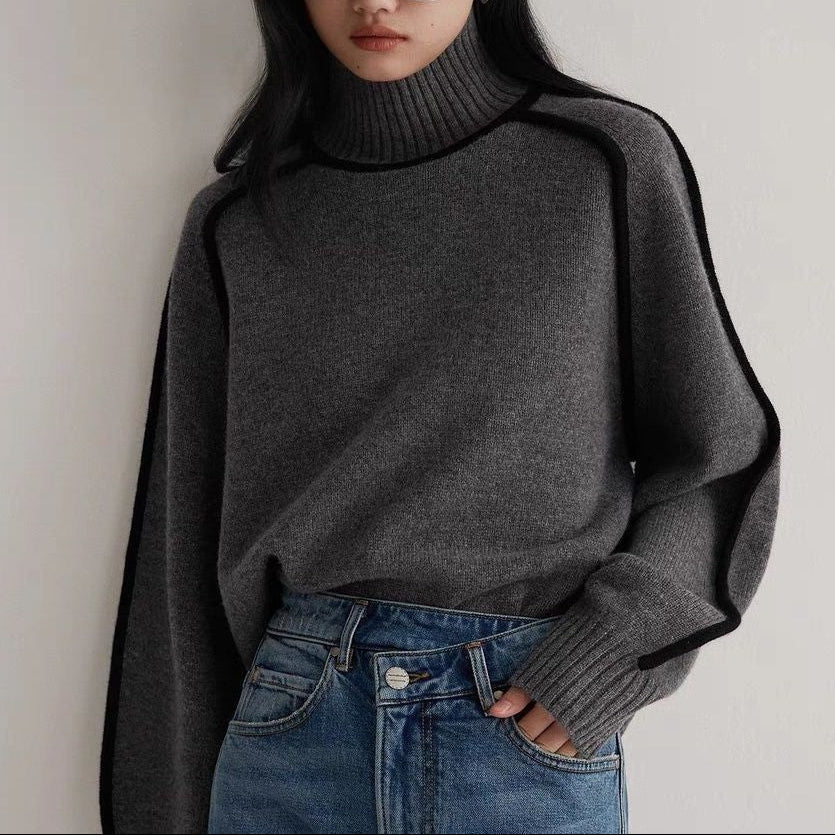 Pullover damski z golfem i kontrastowymi detalami | N&W - 3