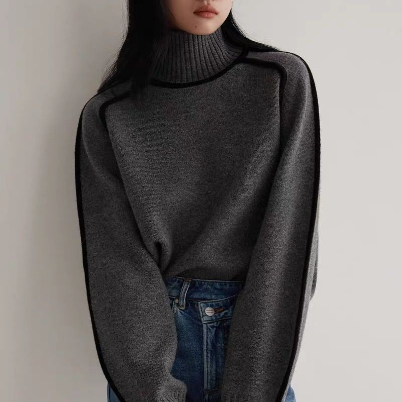 Pullover damski z golfem i kontrastowymi detalami | N&W - 4