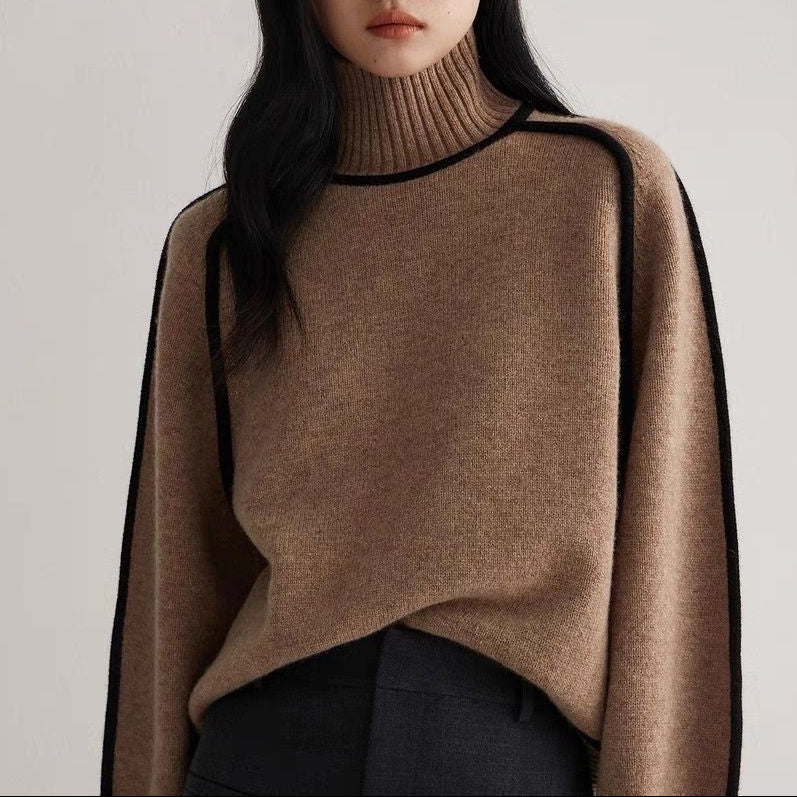 Pullover damski z golfem i kontrastowymi detalami | N&W - 6