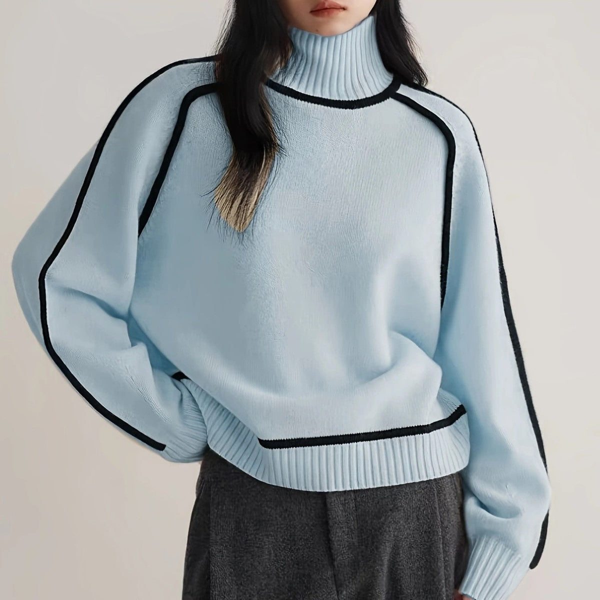 Pullover damski z golfem i kontrastowymi detalami | N&W - 7