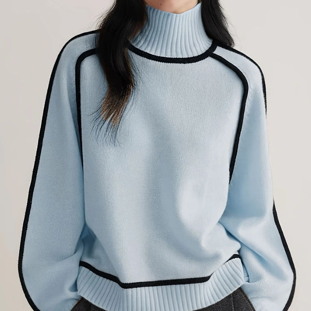 Pullover damski z golfem i kontrastowymi detalami | N&W - 8