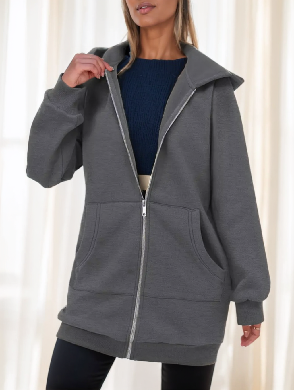Hoodie damski z kapturem i zamkiem, luźny krój | N&W - 2