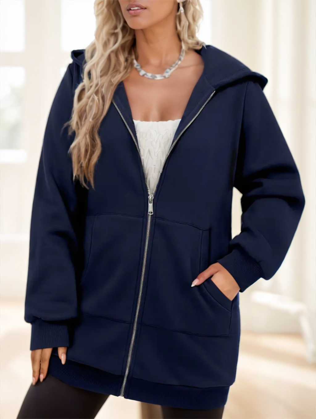 Hoodie damski z kapturem i zamkiem, luźny krój | N&W - 4