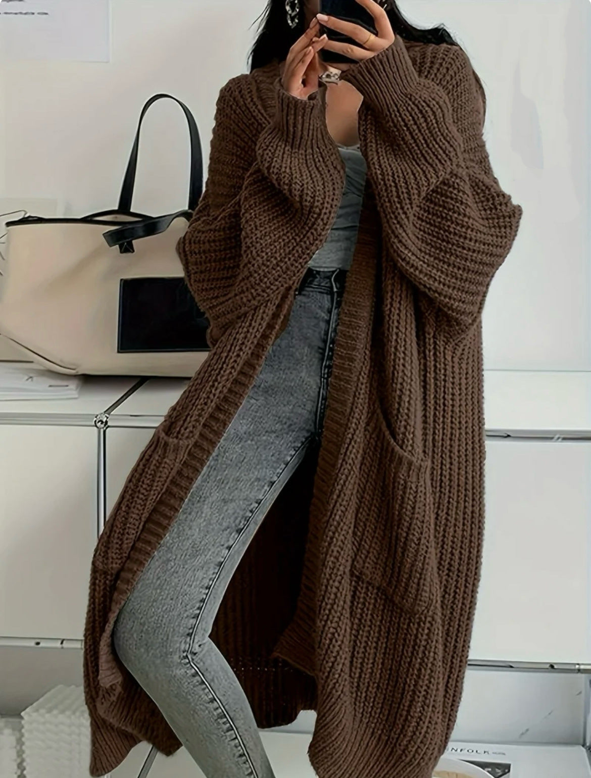 Cardigan damski o luźnym kroju z kieszeniami | N&W - 1
