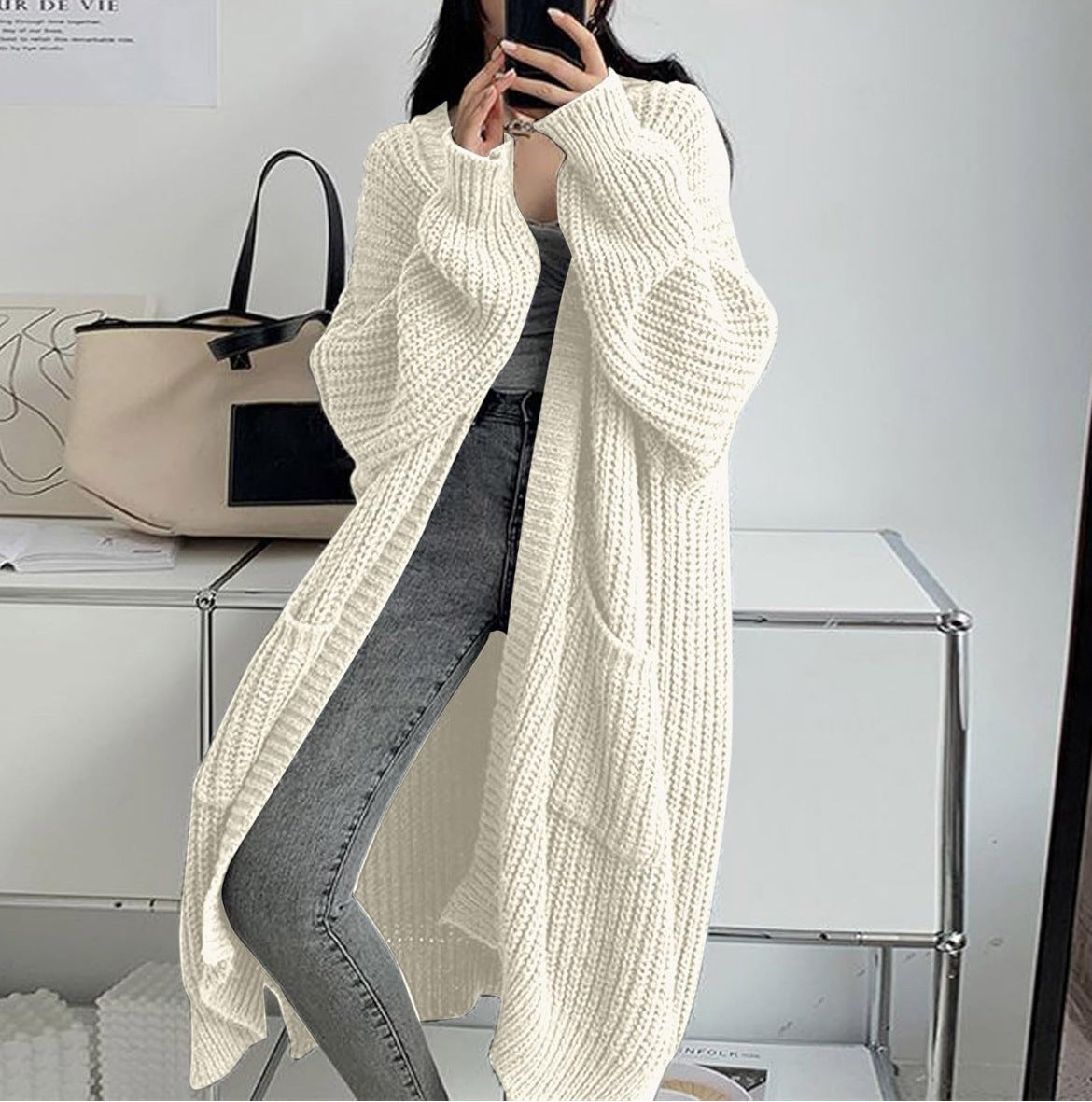 Cardigan damski o luźnym kroju z kieszeniami | N&W - 2