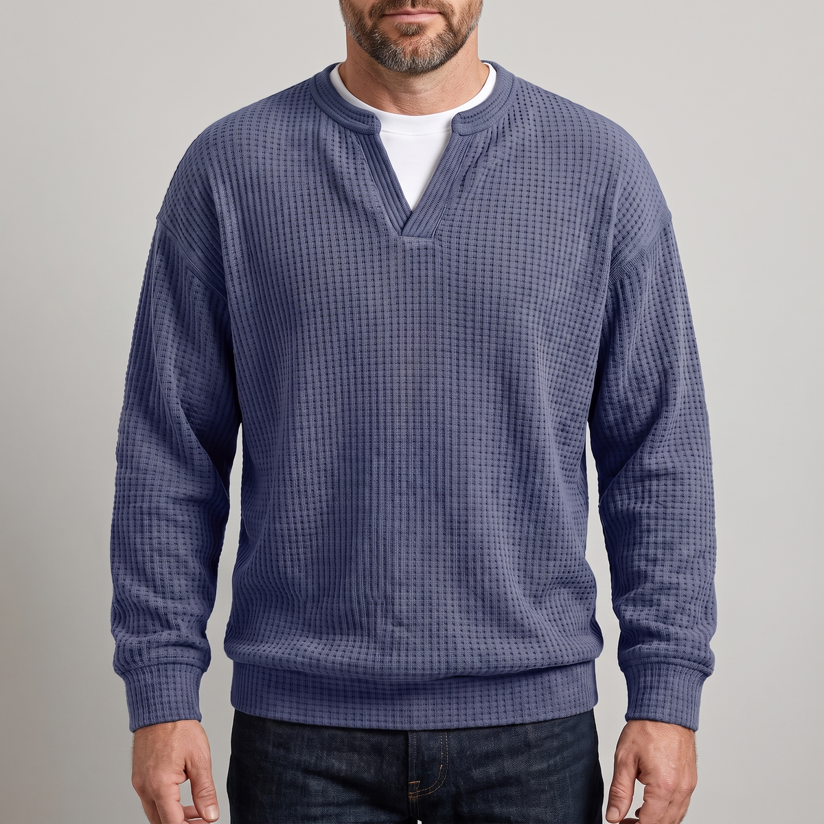 Pullover męski z dekoltem w serek i strukturalnym wzorem | N&W - 1