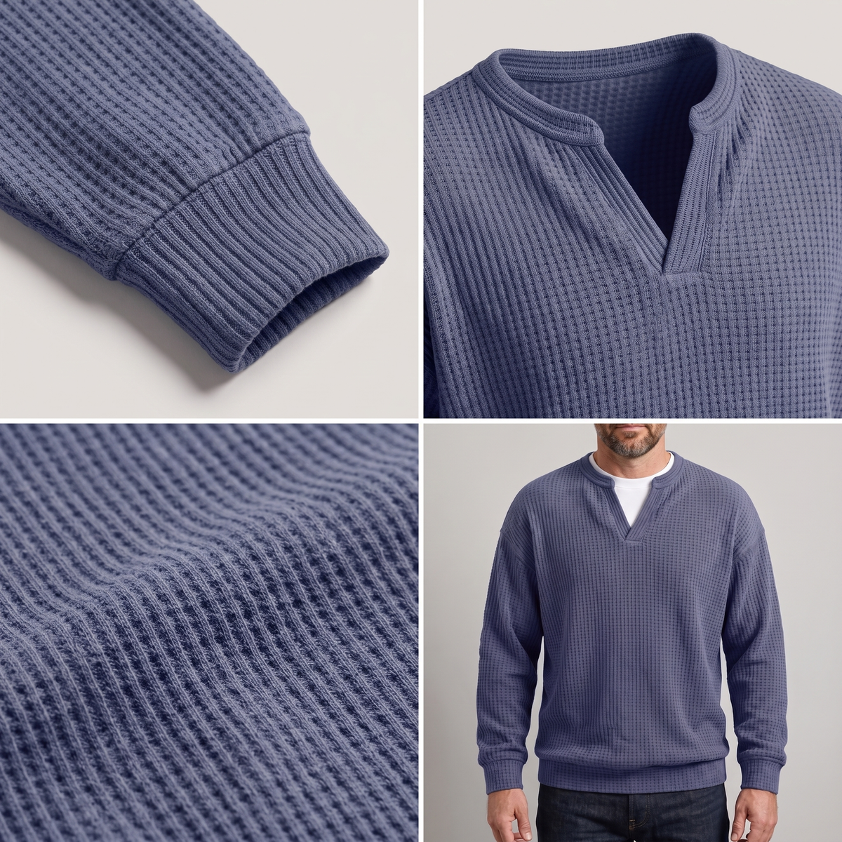 Pullover męski z dekoltem w serek i strukturalnym wzorem | N&W - 3