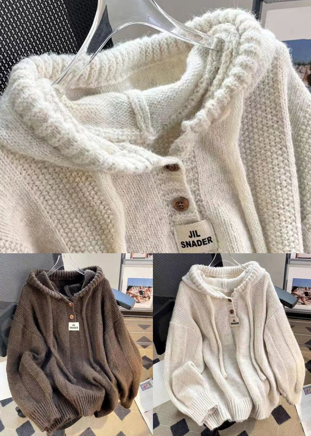 Pullover damski z kapturem i ozdobnymi guzikami | N&W - 5