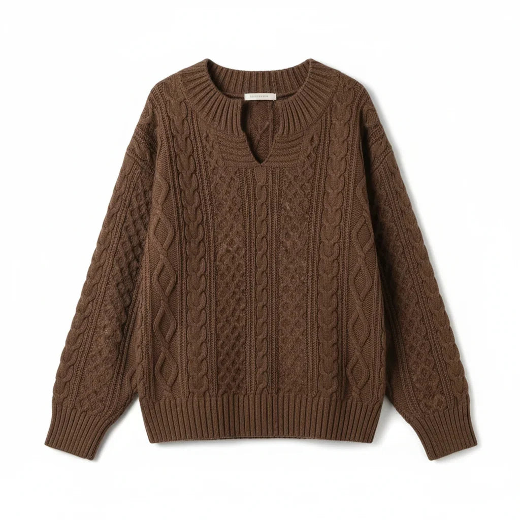 Pullover damski z dekoltem w serek i warkoczowym wzorem | N&W - 5