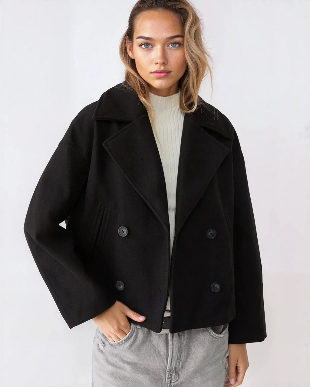 Kurtka damska krótka z podwójnym zapięciem i szerokimi klapami | N&W - 3