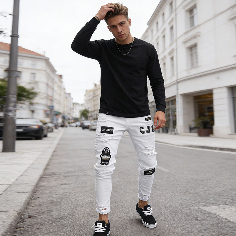 Jeansy męskie slim fit z przetarciami i naszywkami | N&W - 1 - Nowa-aura