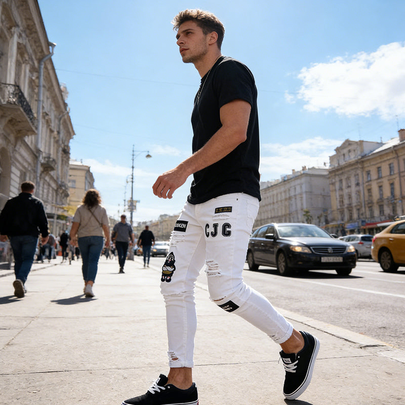 Jeansy męskie slim fit z przetarciami i naszywkami | N&W - 2 - Nowa-aura