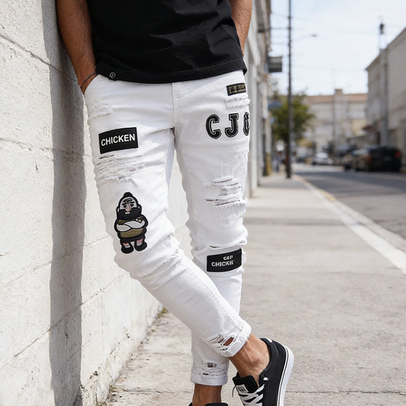 Jeansy męskie slim fit z przetarciami i naszywkami | N&W - 3 - Nowa-aura