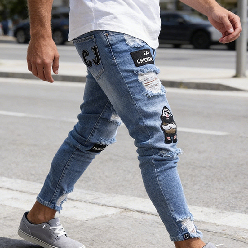 Jeansy męskie slim fit z przetarciami i naszywkami | N&W - 4 - Nowa-aura
