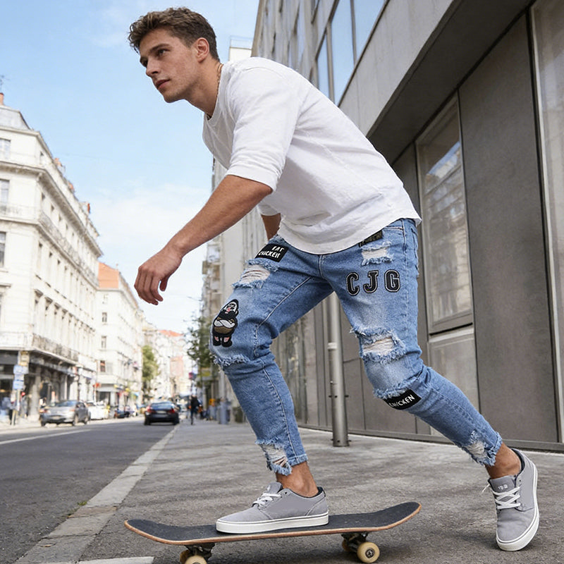 Jeansy męskie slim fit z przetarciami i naszywkami | N&W - 7 - Nowa-aura