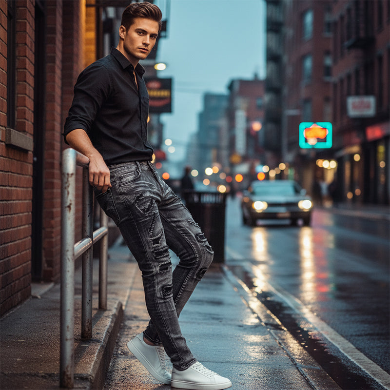 Męskie jeansy Slim-Fit z przetarciami i wygodnym krojem | N&W - 1 - Nowa-aura