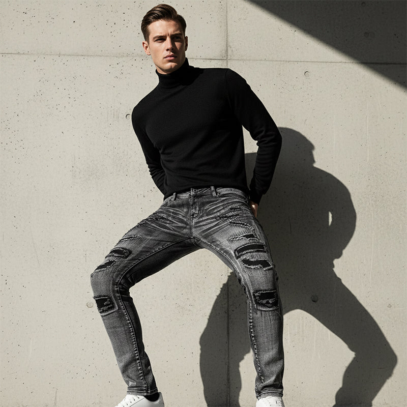 Męskie jeansy Slim-Fit z przetarciami i wygodnym krojem | N&W - 5 - Nowa-aura