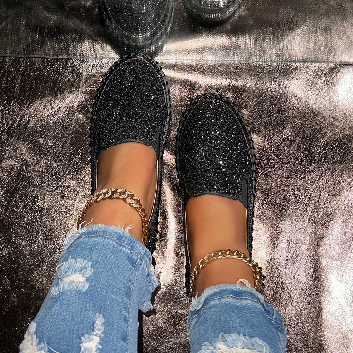 Damskie buty Slip-On z brokatowymi detalami | N&W - 8 - Nowa-aura