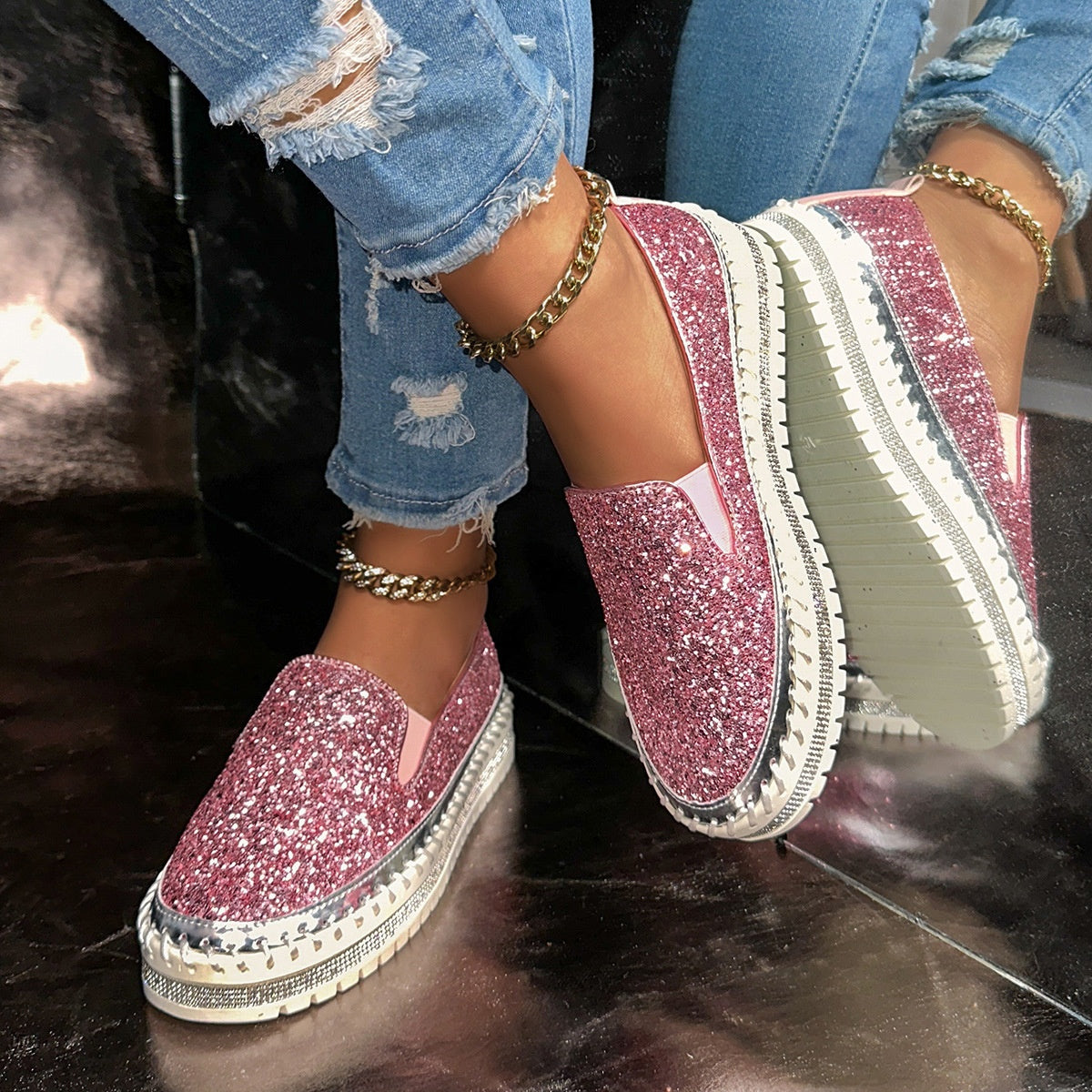 Damskie buty Slip-On z brokatowymi detalami | N&W - 11 - Nowa-aura