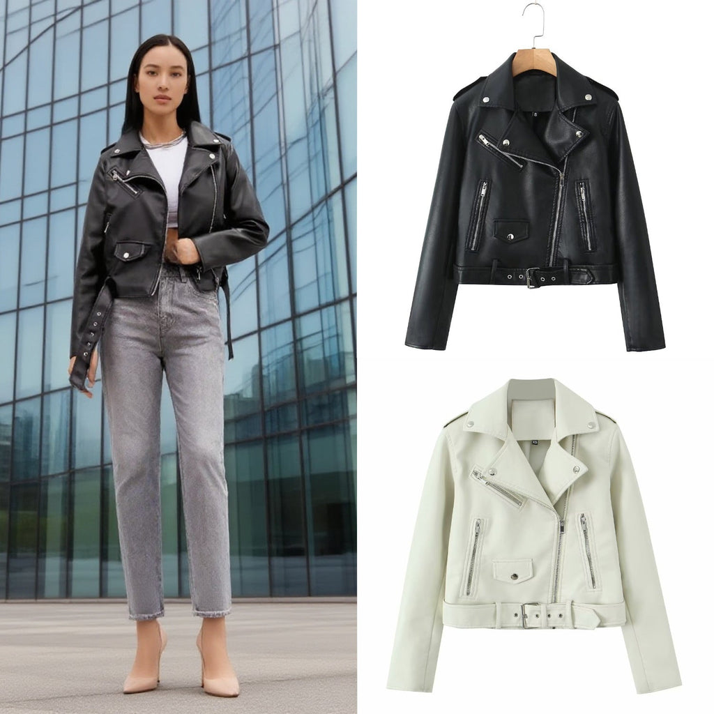 Kurtka damska Biker z asymetrycznym zapięciem i regulowanym paskiem | K&M - 1 - Krawczykmoda