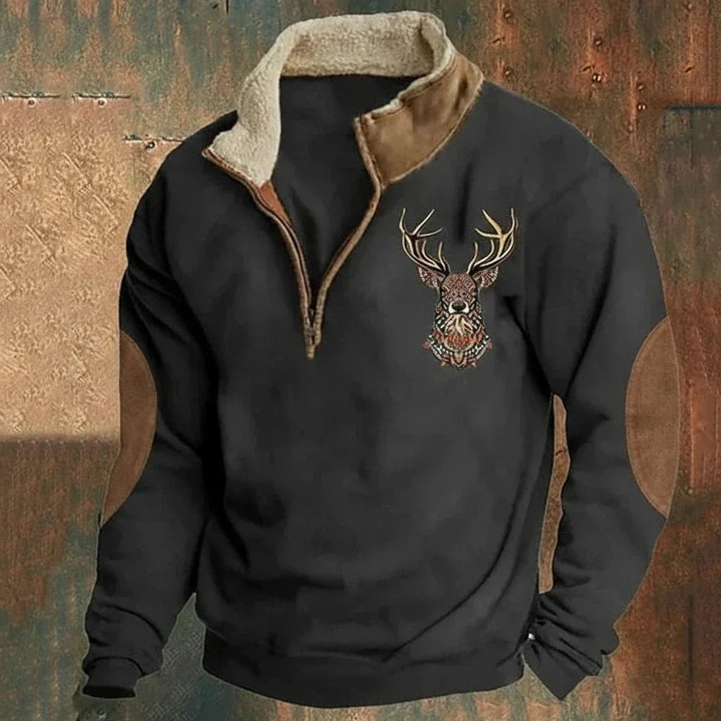 Hunter – Męska bluza polarowa z kołnierzem i haftem jelenia